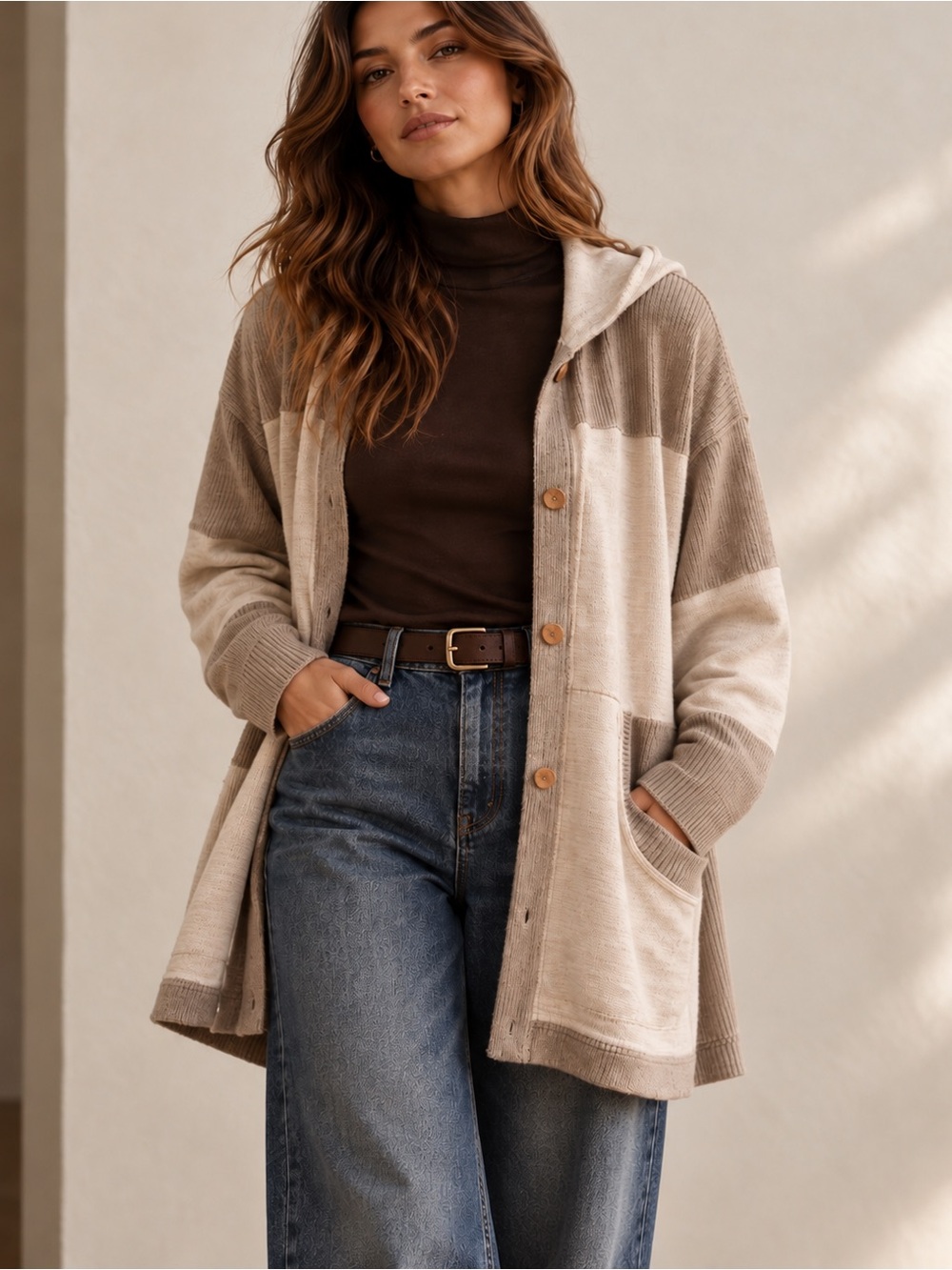 Blumin XL Oversized Colorblock Hooded Cardigan Neutral Patchwork Knit